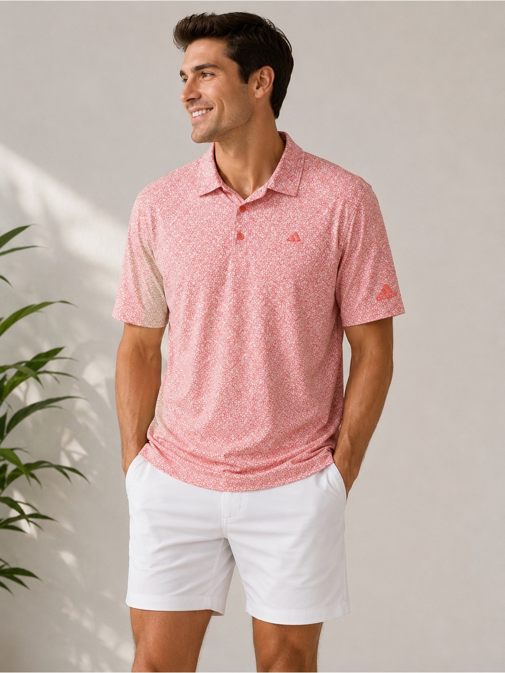 adidas Men’s Coral Pink Allover Print Polo geometric print performance size XL